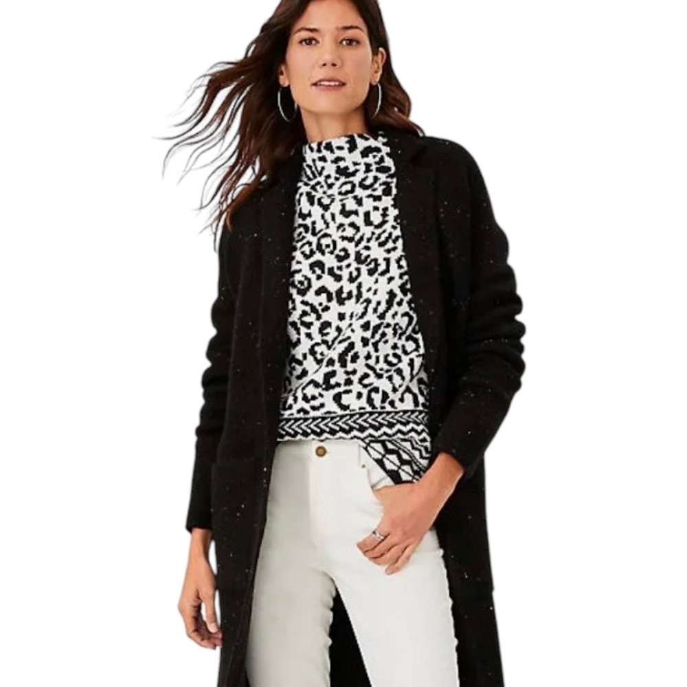 Ann Taylor NWT Speckled Flecked Black Long Sweater Coat Duster Sz 6P - Picture 2 of 15